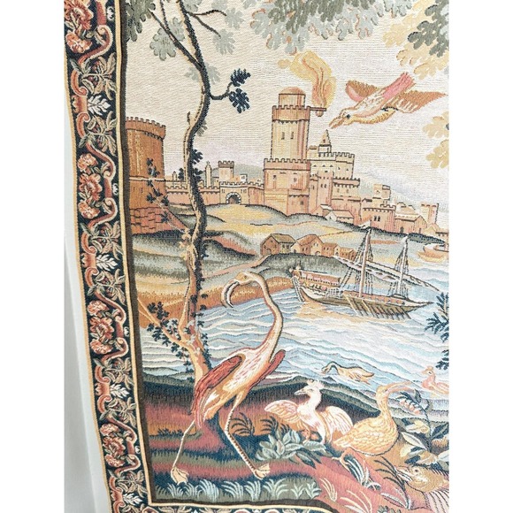 Vintage French Tapestry Au Bord de la Mer Goblys Medieval Coastal 44x34 - Picture 3 of 9